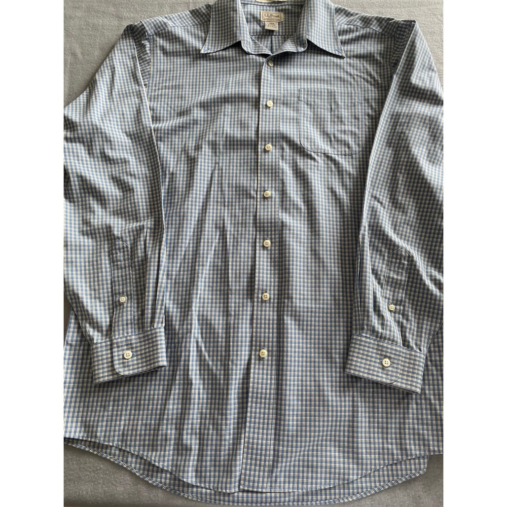 LL Bean Mens Large Tall Wrinkle Resistant Cotton Button Down Shirt Blue Check‎